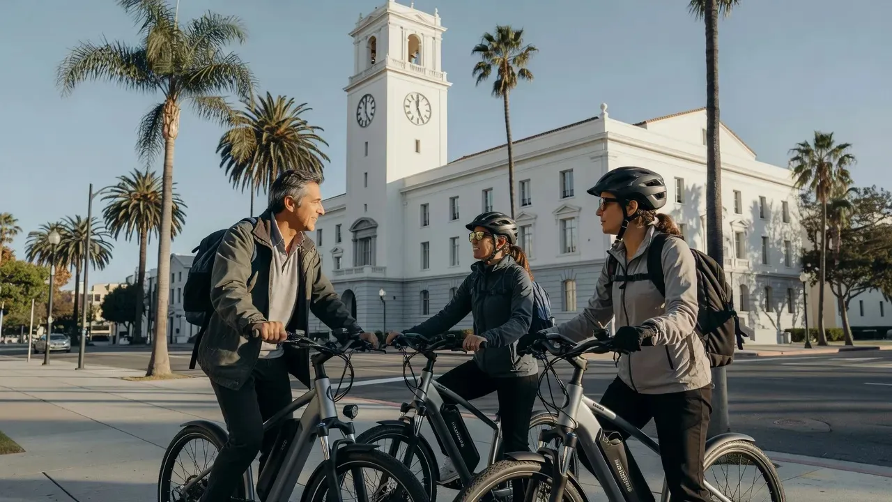Small group on electric bikes along the Cabrillo bike path in Santa Barbara with the Pacific Ocean and Channel Islands in the background, santa barbara electric bike tours