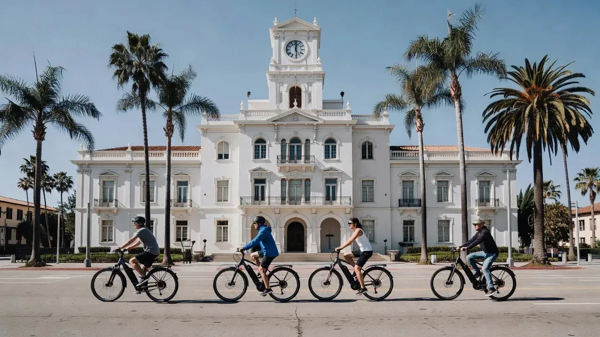 Small group on electric bikes outside the Santa Barbara County Courthouse on a santa barbara electric bike guided tour, Spanish Colonial building and palm trees in the background